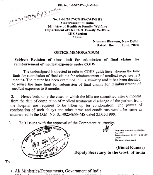 CGHS: Revision of time limit for submission of final claims for reimbursement