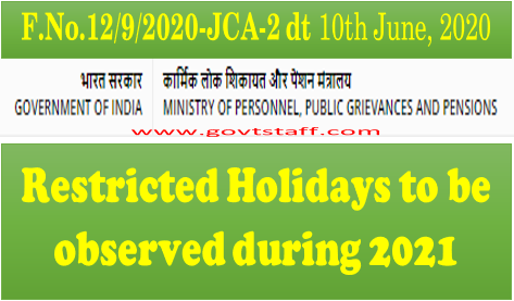 Restricted Holidays during the year 2021 for Central Govt. Offices located at Delhi/New Delhi