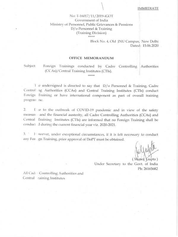 DoPT: Foreign Trainings conducted by Cadre Controlling Authorities (CCAs)/ Central Training institutes (CTTs) DoPT: Foreign Trainings conducted by Cadre Controlling Authorities (CCAs)/ Central Training institutes (CTTs)