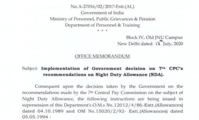 7th CPC – Night Duty Allowance: Latest instructions by DoPT