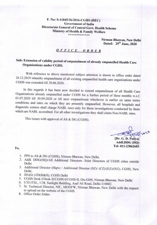 CGHS: Extension of validity period of empanelment of already empanelled HCO till 30.09.2020