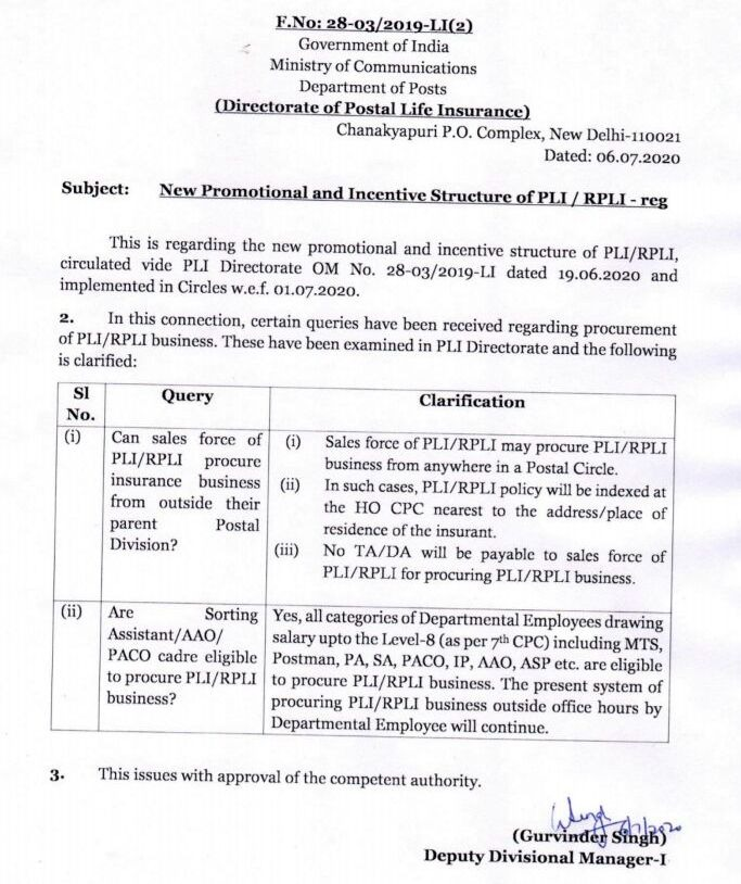 Clarification on New Promotional and Incentive Structure of PLI / RPLI Clarification on New Promotional and Incentive Structure of PLI / RPLI