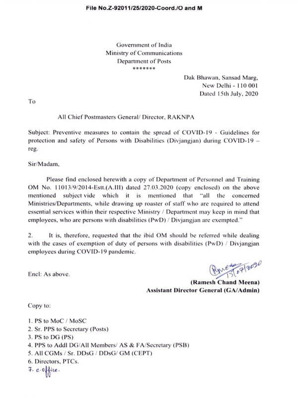 COVID-19 – Guidelines for protection and safety of Persons with Disabilities (Divjangjan) during pandemic – Dept. of Posts