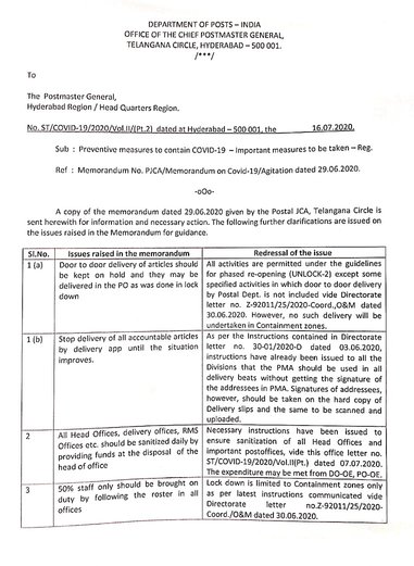 COVID-19: Preventive meassures to be taken – Dept. of Post, Telangana Circle