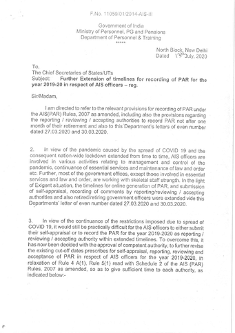 DoPT: Extension of timelines for recording of PAR for the year 2019-20 in respect of AIS officers