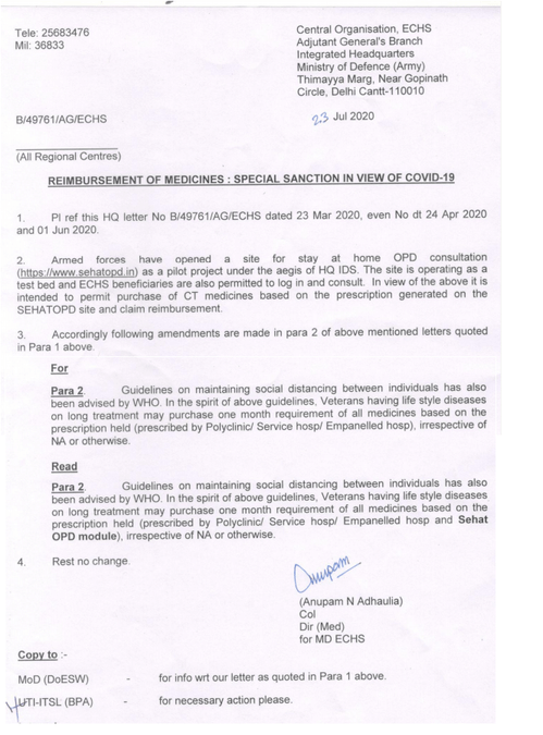 ECHS Special Sanction for Reimbursement of Medicines in view of COVID-19