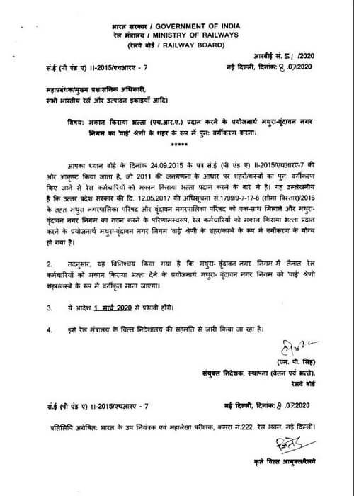 HRA: Re-classification of Mathura-Vrindavan as ‘Y’ class city for Railway employees posted there: RBE No. 51/2020