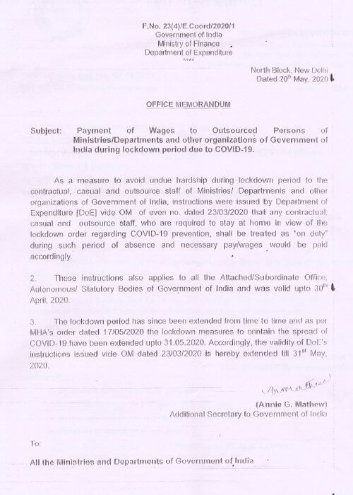 Payment of Wages to Outsourced Persons during lockdown period due to COVID-19