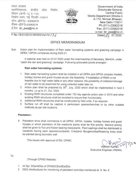 Rain water harvesting systems and greening campaign in GPRA / GPOA complexes during 2020-21 – CPWD O.M. dated 24.07.2020