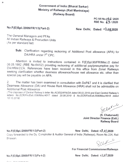 7th CPC Additional Post Allowance (APA): Clarification regarding reckoning of APA for DA/HRA