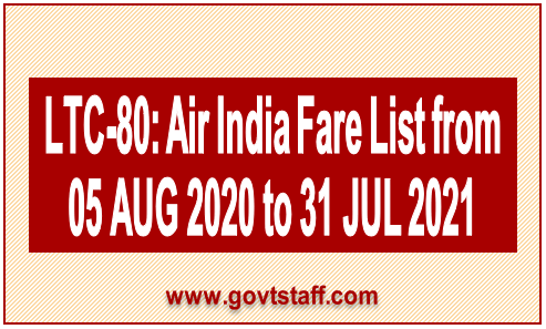 Air India LTC 80 Fares List as on 05.08.2020 and for the period from 05.08.2020 to 31.07.2021