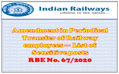 Amendment in Periodical Transfer of Railway employees — List of Sensitive posts : RBE No. 67/2020