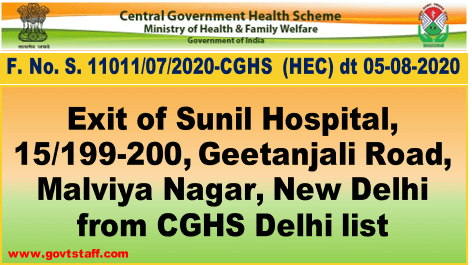 CGHS Empanelment: Exit of Sunil Hospital, 15/199-200, Geetanjali Road, Malviya Nagar, New Delhi from CGHS Delhi list.