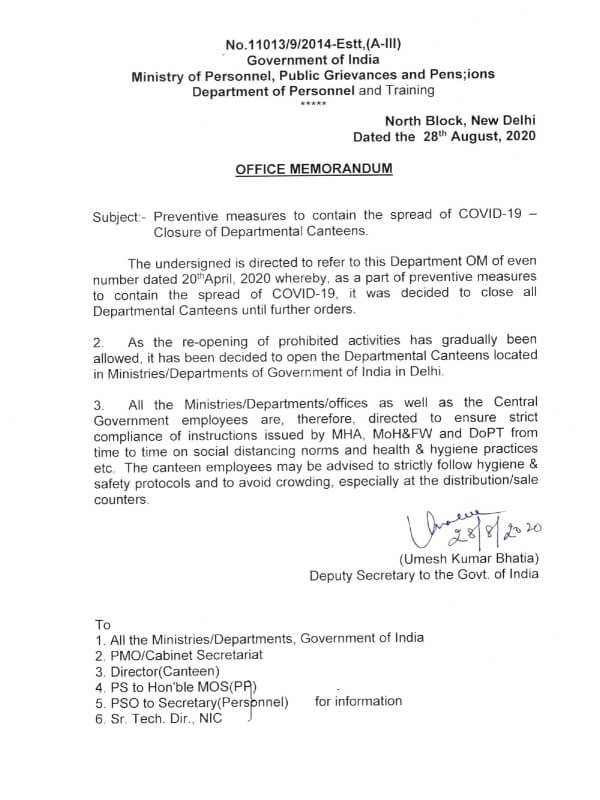 Closure of Departmental Canteens – Preventive measures to contain the spread of COVID-19