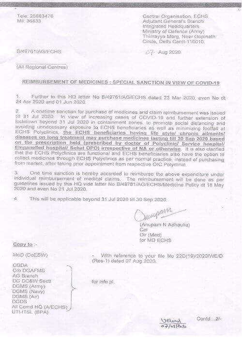 ECHS: Reimbursement of Medicines – Special Sanction in view of COVID-19