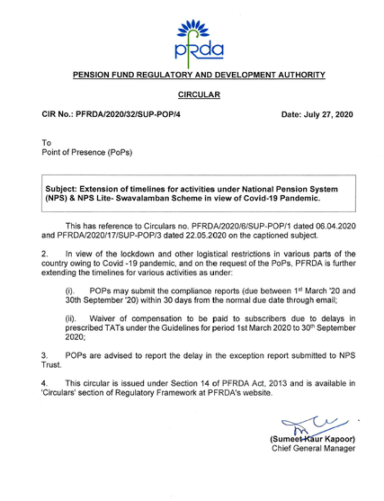 Extension of timelines for activities under National Pension System (NPS) & NPS Lite- Swavalamban Scheme in view of Covid-19 Pandemic