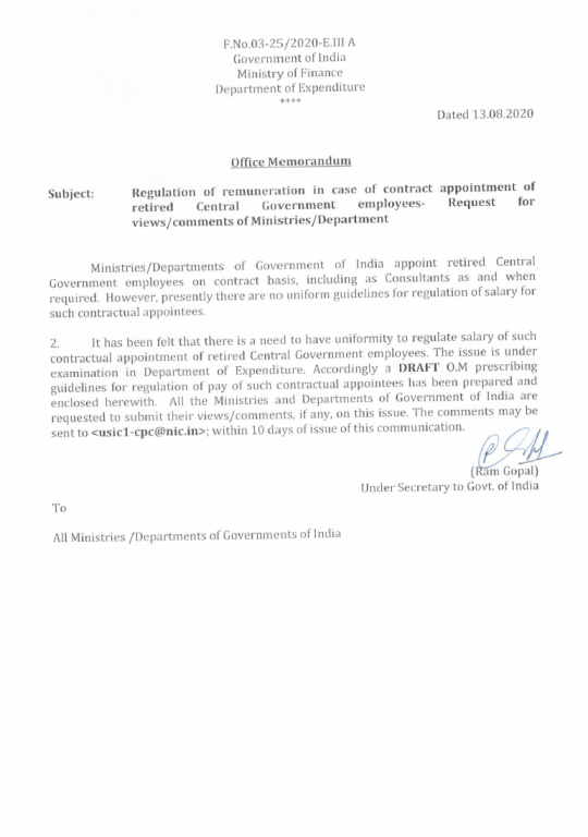 Guidelines for Regulation of Pay in case of contract appointment of retired Central Government employees – Deptt. of Expenditure