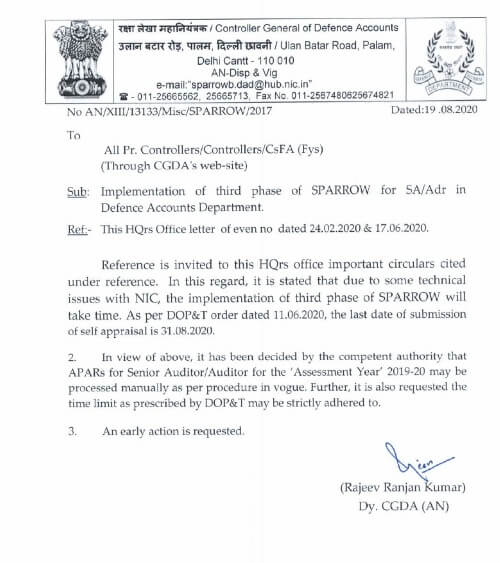 Implementation of third phase of SPARROW for SA/Adr in Defence Accounts Department