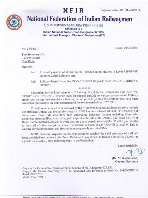 Payment of Stipend to Trainee Station Masters @ Rs. 35,400 p.m. as against Rs. 29,200 – NFIR Letter 