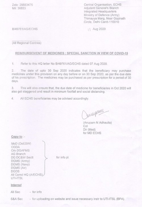 Reimbursement of Medicines – Special Sanctions – ECHS advice to beneficiaries dated 11.08.2020