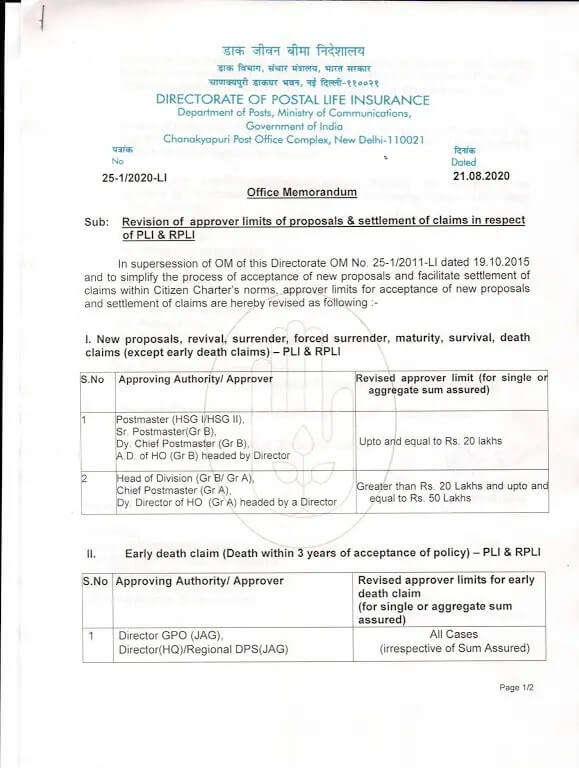 Revised approver limit for new proposals, revival, surrender, forced surrender, maturity, survival, death claims in respect of PLI & RPLI : Department of Posts