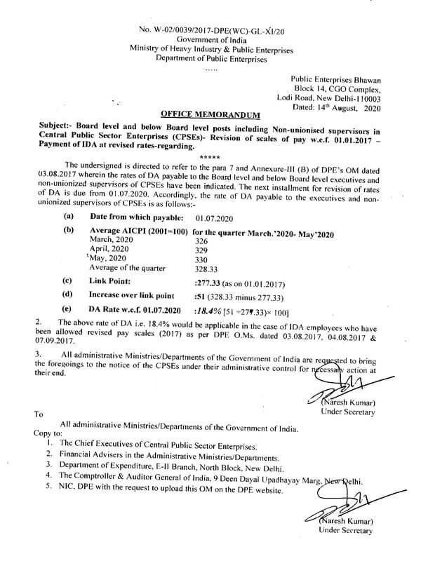 Revision of scales of Pay w.e.f. 01.01.2017 – Payment of IDA at revised rates : DPE O.M dated 14th Aug 2020