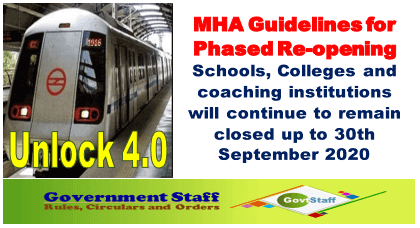 Unlock 4.0: MHA Guidelines for Phased Re-opening – Schools, Colleges and coaching institutions will continue to remain closed up to 30th September 2020