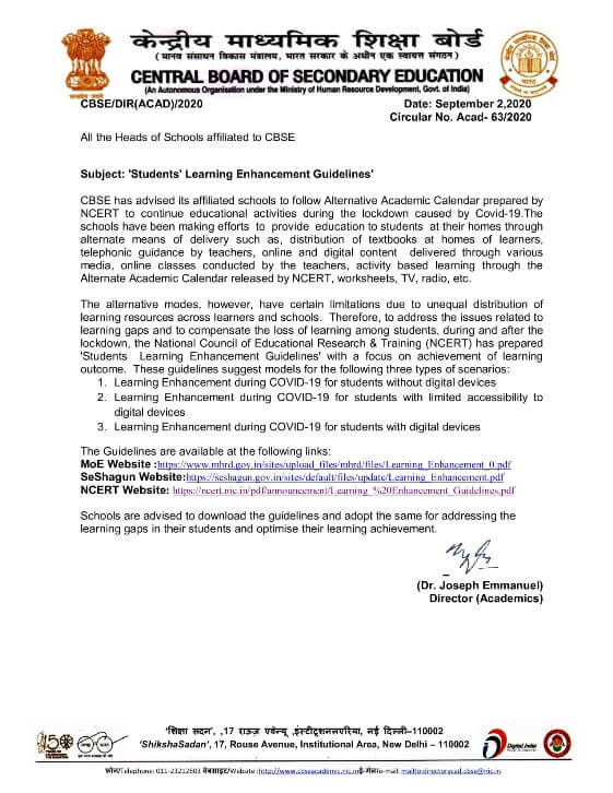 CBSE Circular No. Acad-63/2020: Students Learning Enhancement Guidelines