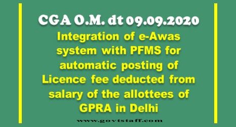 CGA O.M.: e-Awas system for automatic posting of Licence Fee deducted from salary of the allottees of GPRA in Delhi