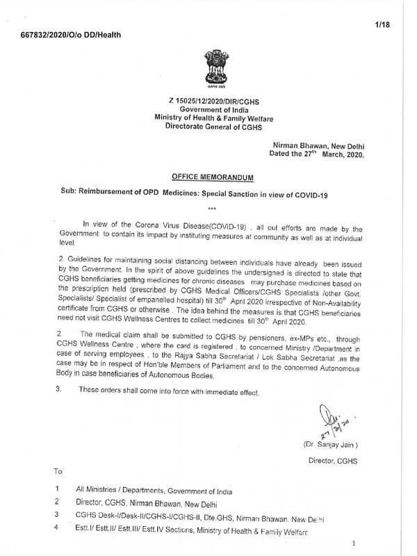 CGHS OM dated 27.03.2020 regarding reimbursement of OPD Medicines–Special sanction in view of Covid-19