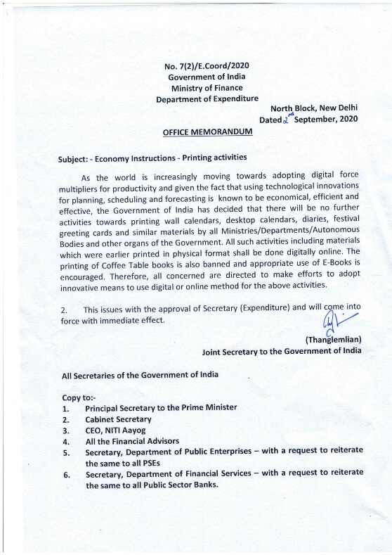 Printing of calendar – Finance Ministry lifted ban on printing of calendars by Ministries/Departments/Autonomous Bodies