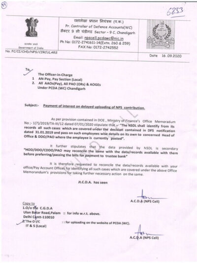NPS Contribution Payment Of Interest On Delayed Uploads PCDA 