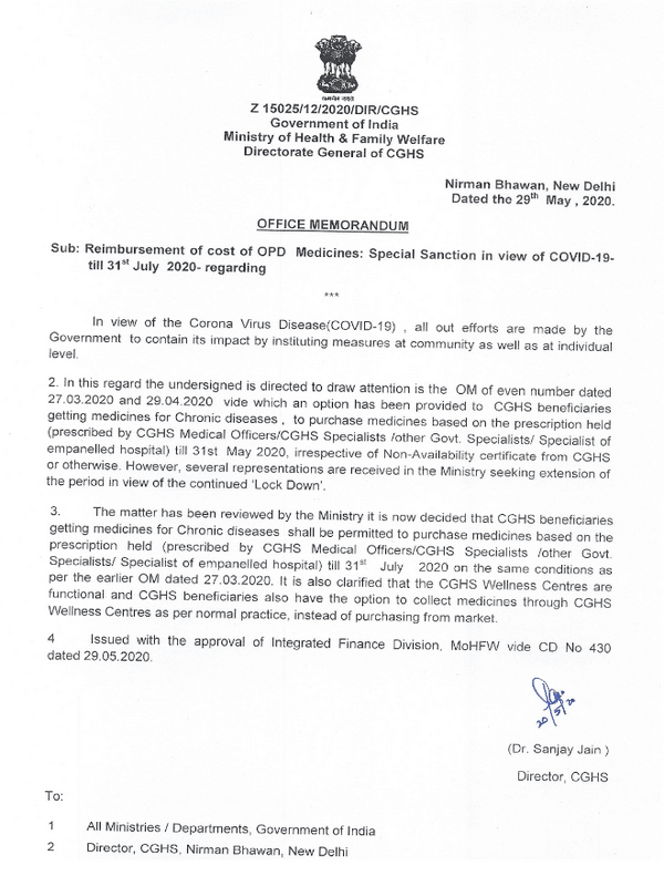 CGHS: Reimbursement of cost of OPD Medicines: Special Sanction in view of COVID-19- till 31st May 2020 – MoHFW Clarification