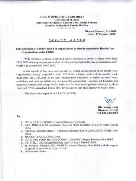 Extension of validity period of empanelment of already empanelled Health Care Organizations under CGHS (OM dated 1st October 2020)