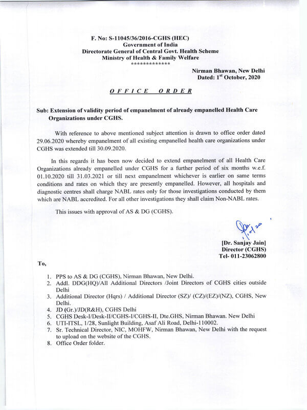 Extension of validity period of epanelment of already empanelled HCOs under CGHS