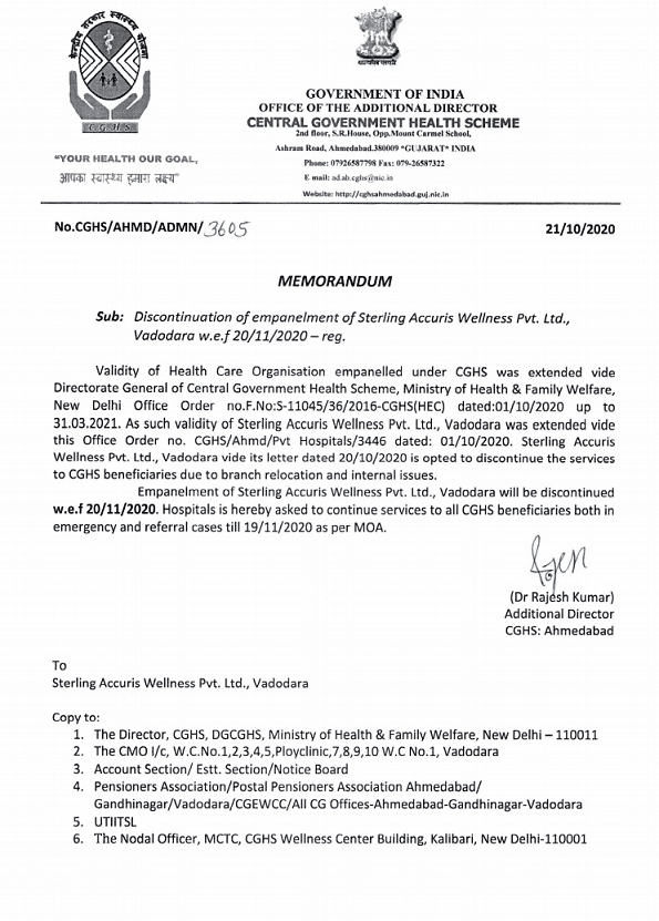 CGHS : De-empanelment of Sterling Accuris Wellness Pvt Ltd, Vadodara w.e.f 20 Nov 2020 under – Memorandum dated 21-10-2020