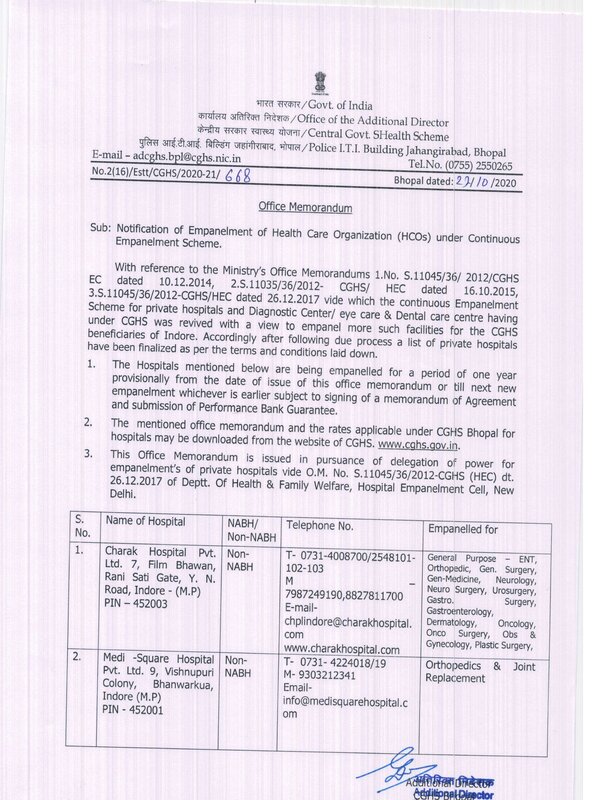 CGHS : Empanelment of Charak Hospital and Medi-Square Hospital w.e.f 27 October 2020 under continuous empanelment scheme