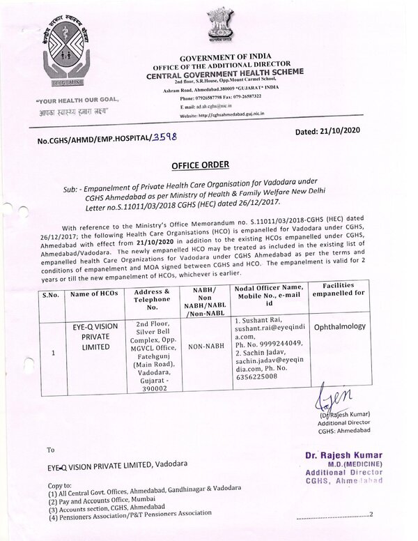 CGHS : Empanelment of EYE-Q Vision Private Limited, Vadodara w.e.f 21 October 2020