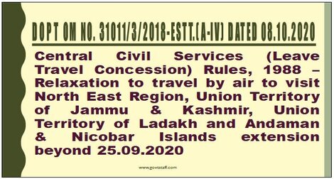 Extension in relaxation to travel by air to visit NE Region, J&K, Ladakh and A&N Islands in lieu of Home Town LTC