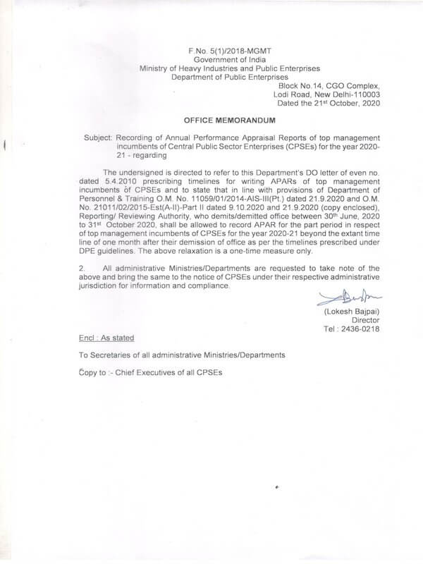 Recording of APAR of CPSEs for the year 2020-21 reg – DPE O.M. dated 21-10-2020