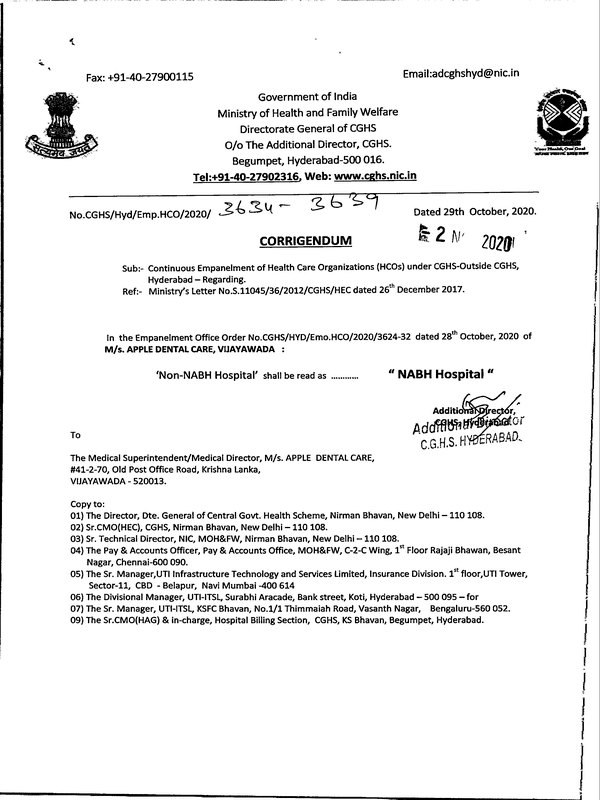 Corridendum : Continuous Empanelment of M/s. APPLE DENTAL CARE, VIJAYAWADA – CGHS order dated 02 Nov 2020