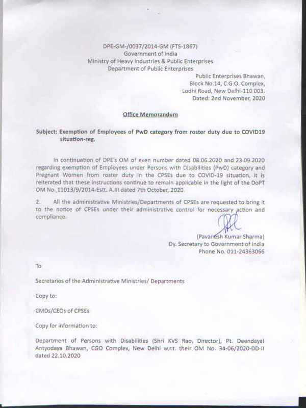 Exemption of Employees of PwD category from roster duty due to COVID19