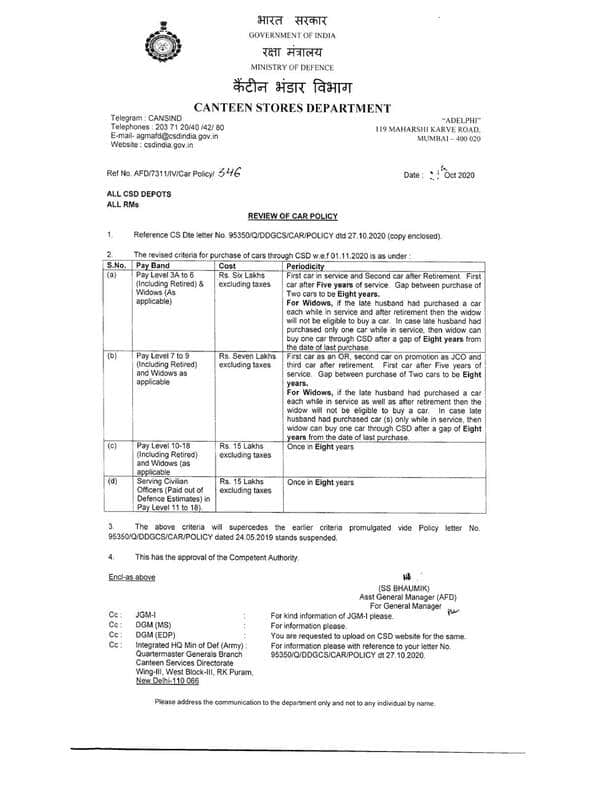 Canteen Stores Department (CSD) : Review of Car Policy- Order dated 29-10-2020