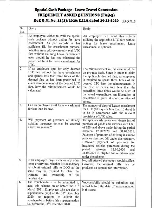 Special Cash Package equivalent in lieu of Leave Travel Concession – 3rd FAQ by Finmin dated 25-11-2020