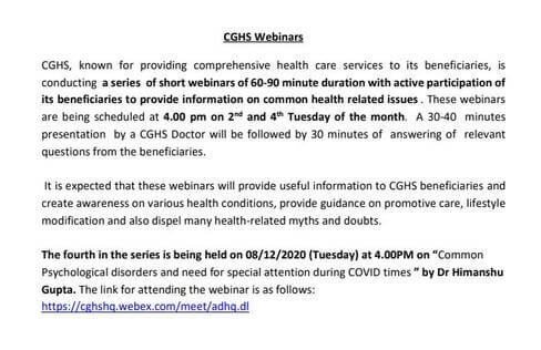 Fourth CGHS Webinars on 08/12/2020 for providing information on common health related issues