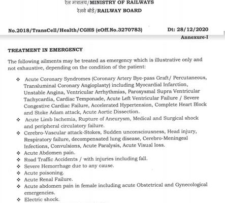 Streamlining the Treatment in Emergency in Railway Empanelled Private Hospitals - List of Ailments to be treated as Emergency