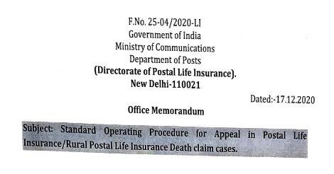 Appeal in Postal Life Insurance/Rural Postal Life Insurance Death claim cases – Standard Operating Procedure (SOP)