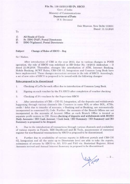 Change of Role of Saving Bank Control Organization (SBCO) – Department of Posts