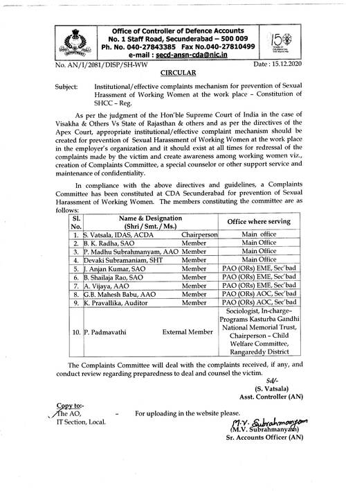 Constitution of Sexual Harassment Complaints Committee for prevention of Sexual Hrassment of working women at the work place.