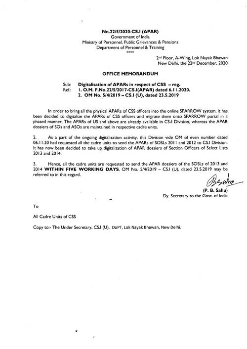 Digitalisation of APARs of CSS Officers and Migration onto SPARROW portal – DoPT O.M. dated 22.12.2020